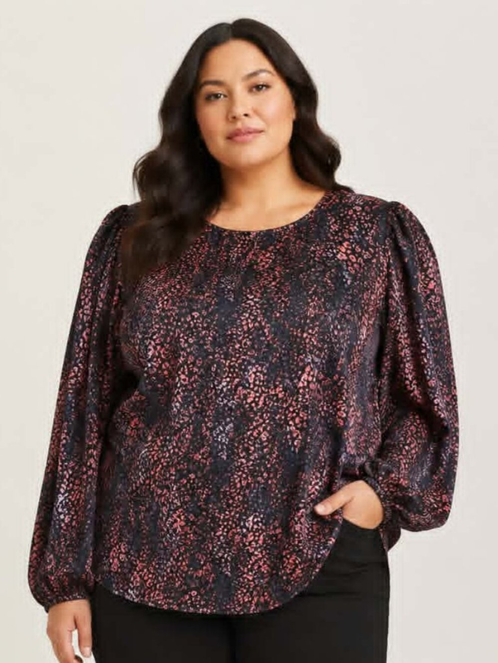 Torrid Women’s Plus Size Black Pink Animal Print Balloon Sleeve Blouse.